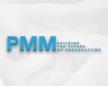 A blue and white logo for the pmm